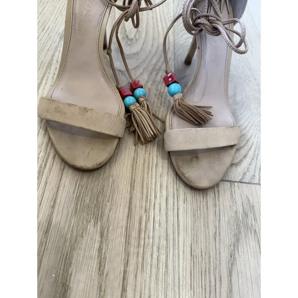 Arezzo Women's 37 6 6.5 High Heel Stiletto Sandals Beige Tan Ankle Wrap Shoes